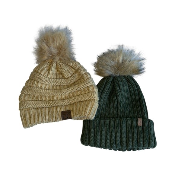 CC Beige Knit Beanie FURTALK Green Faux Fur Pom Hat Womens Winter Lot - Picture 4 of 16